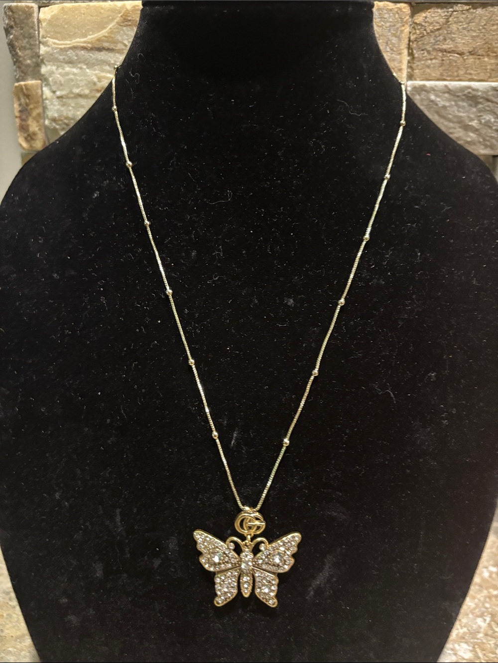 Gold Butterfly GG Pendant Necklace with Crystal Accents - Women Jewelry